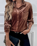 Velvet Button Down Shirt With Chest Pocket - Coffee