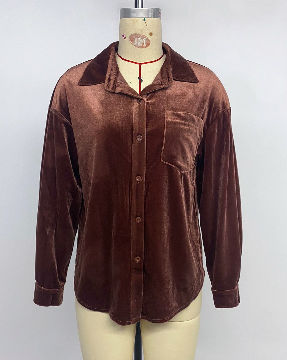 Velvet Button Down Shirt With Chest Pocket - Coffee - 1