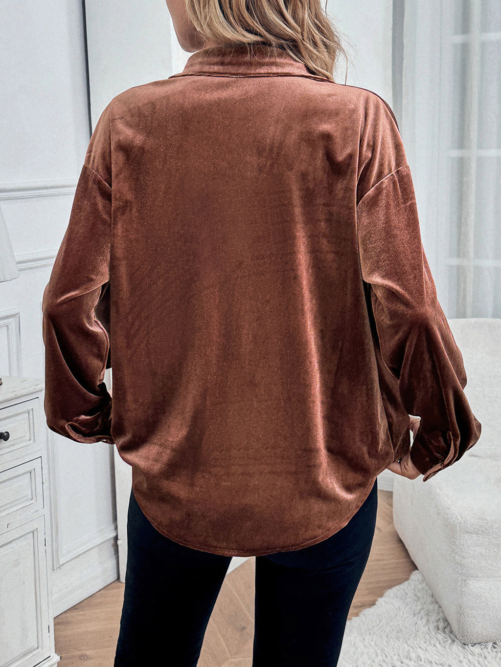 Velvet Button Down Shirt With Chest Pocket - Coffee - 10