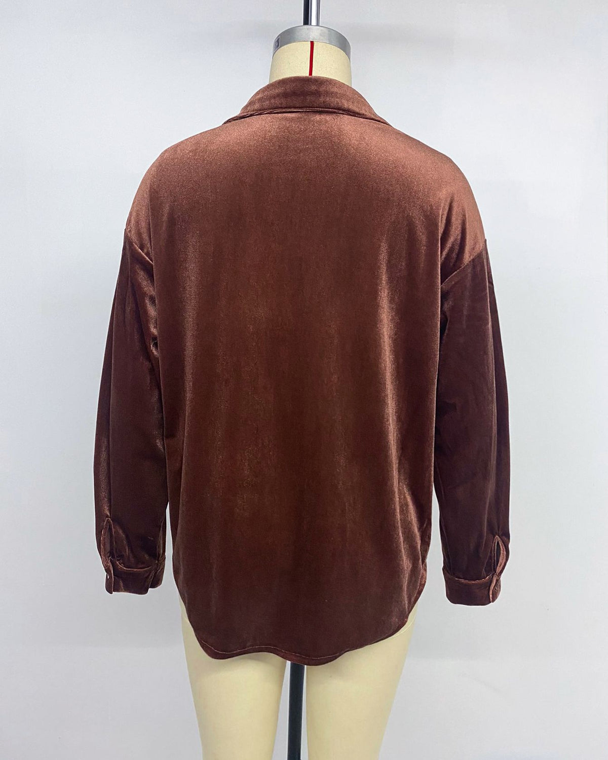 Velvet Button Down Shirt With Chest Pocket - Coffee - 2