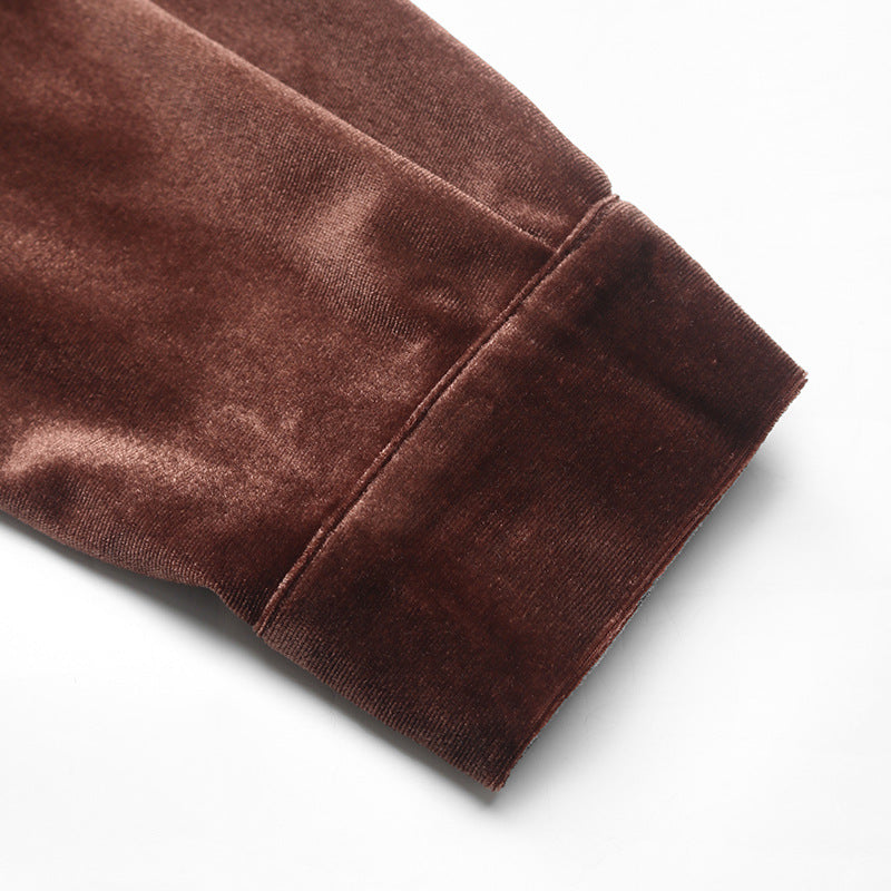 Velvet Button Down Shirt With Chest Pocket - Coffee - 4