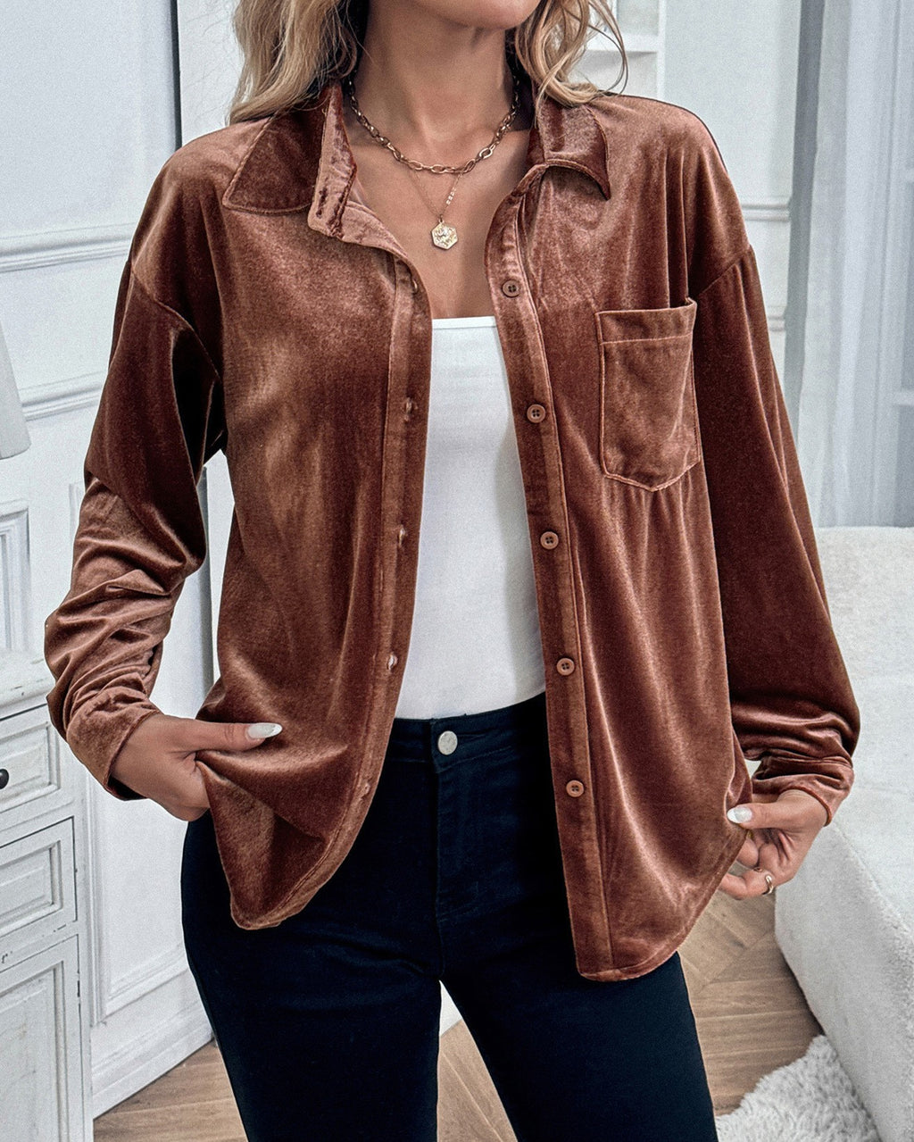 Velvet Button Down Shirt With Chest Pocket - Coffee - 6