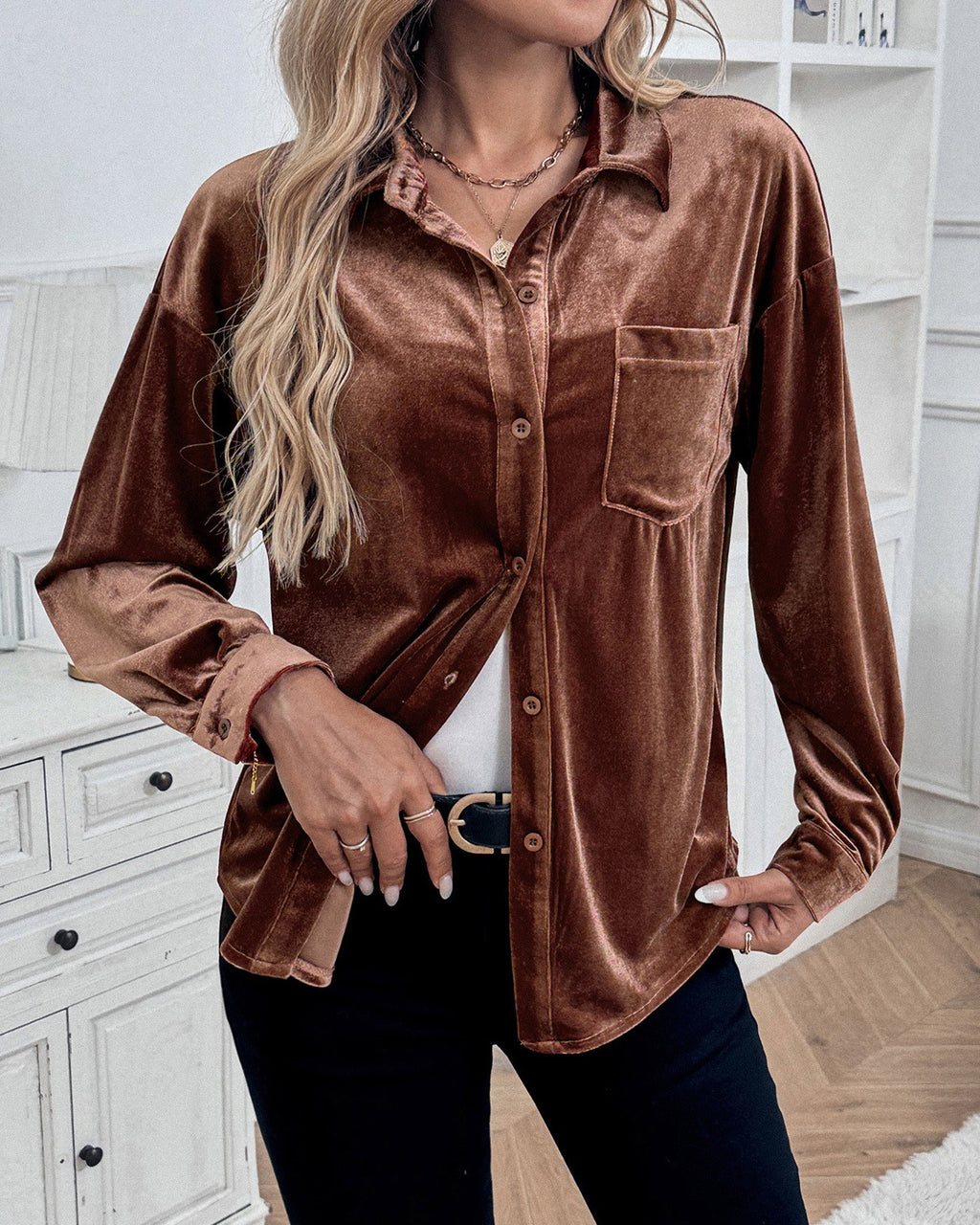 Velvet Button Down Shirt With Chest Pocket - Coffee - 7