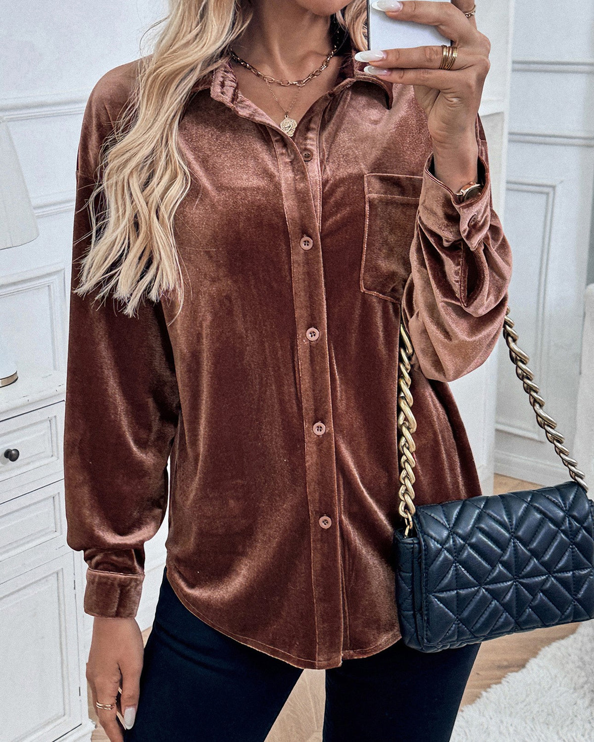 Velvet Button Down Shirt With Chest Pocket - Coffee - 8