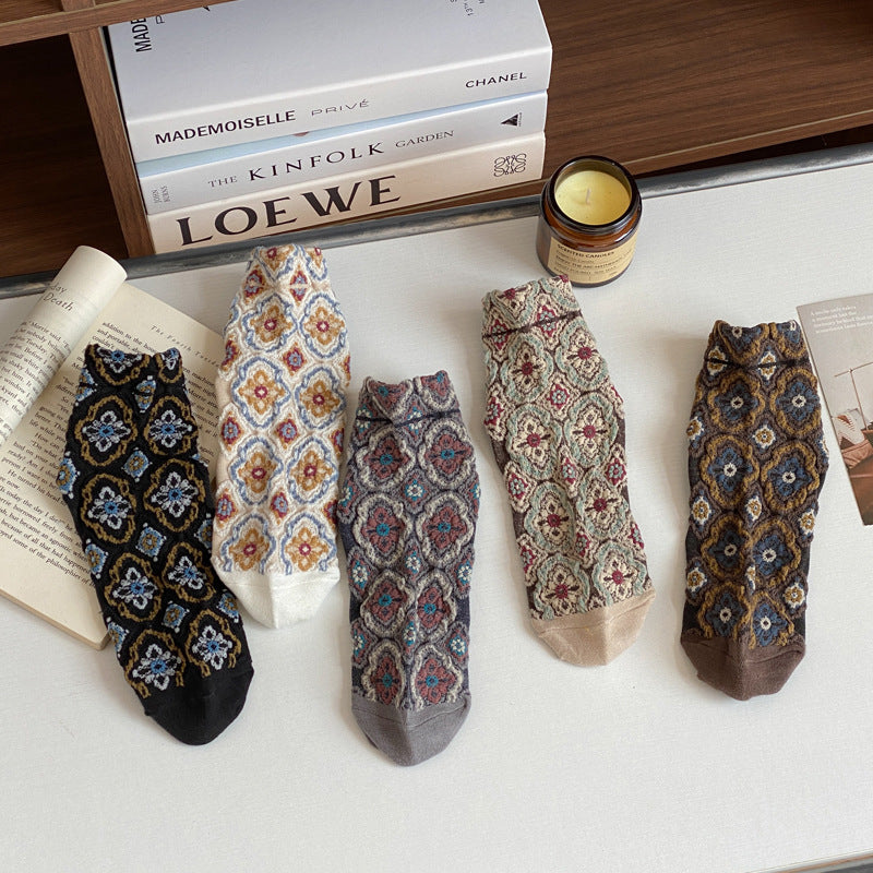 Vintage Medallion Pattern Crew Socks - Coffee - 1