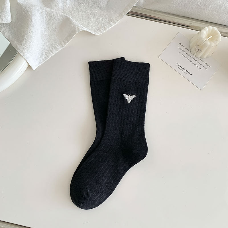 Embroidered Motif Ribbed Crew Socks - Bee_B
