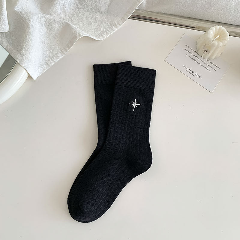 Embroidered Motif Ribbed Crew Socks - Cross_B