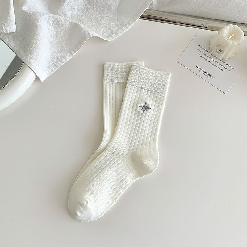 Embroidered Motif Ribbed Crew Socks - Cross_W