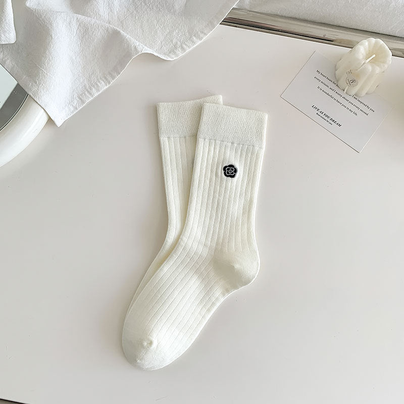 Embroidered Motif Ribbed Crew Socks - Flower_W