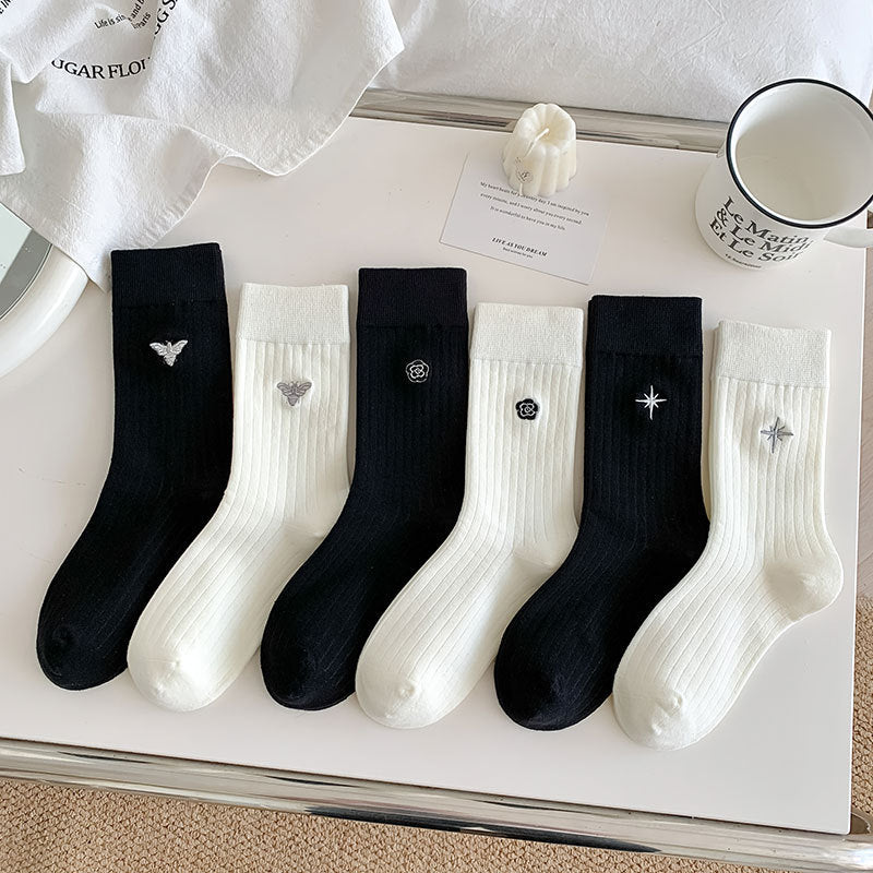 Embroidered Motif Ribbed Crew Socks