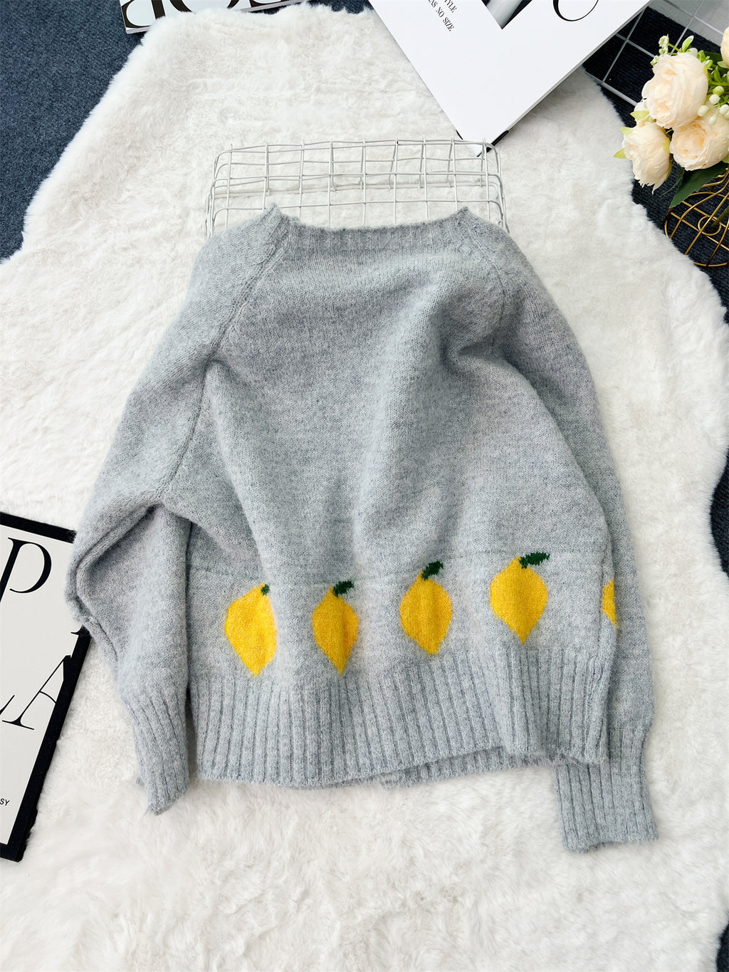 Lemon Motif Crew Neck Knit Cardigan - Grey - 1