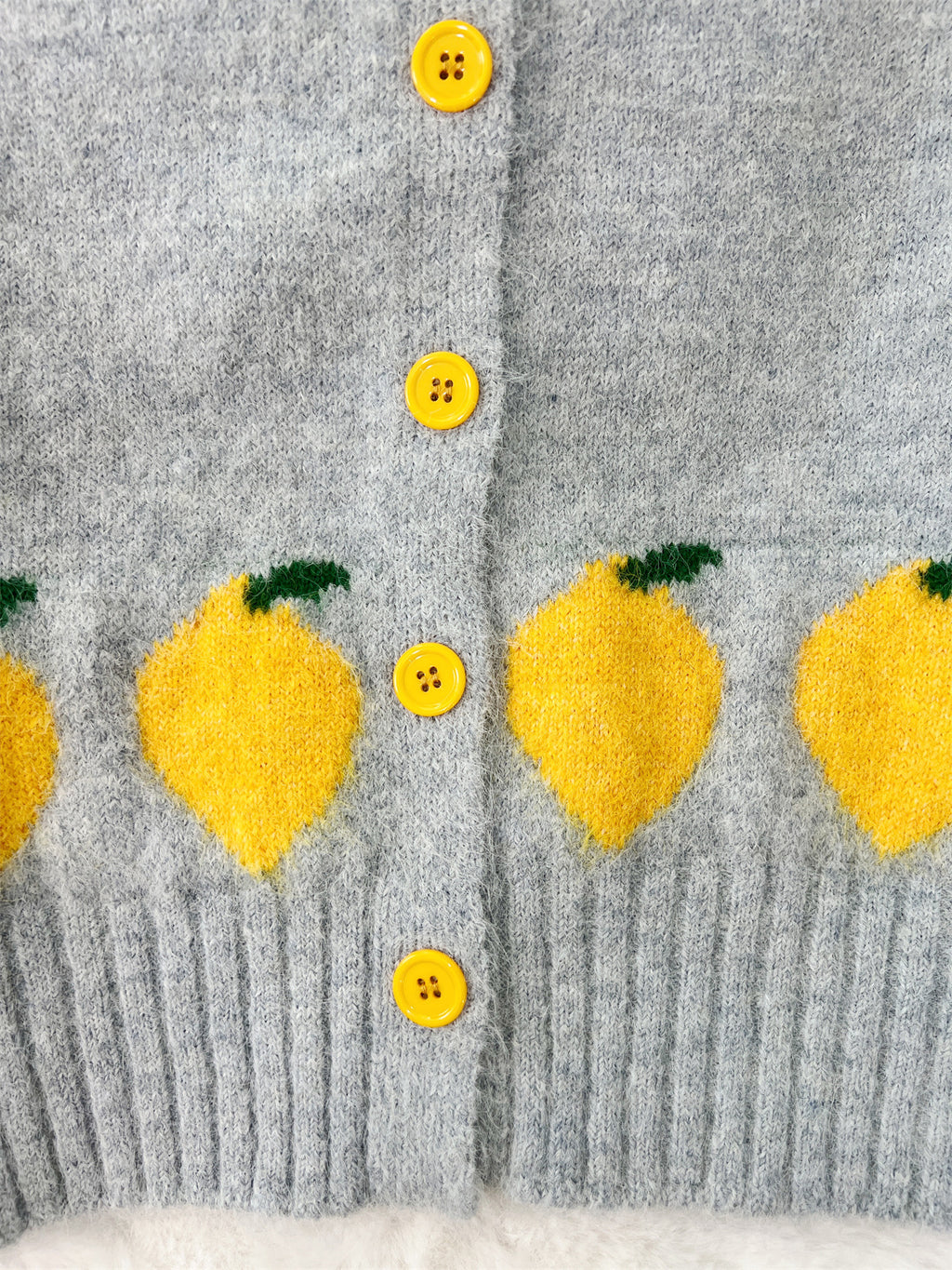 Lemon Motif Crew Neck Knit Cardigan - Grey - 4