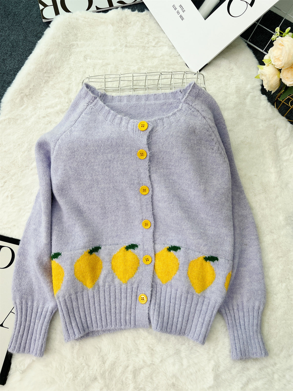 Lemon Motif Crew Neck Knit Cardigan - Lavender