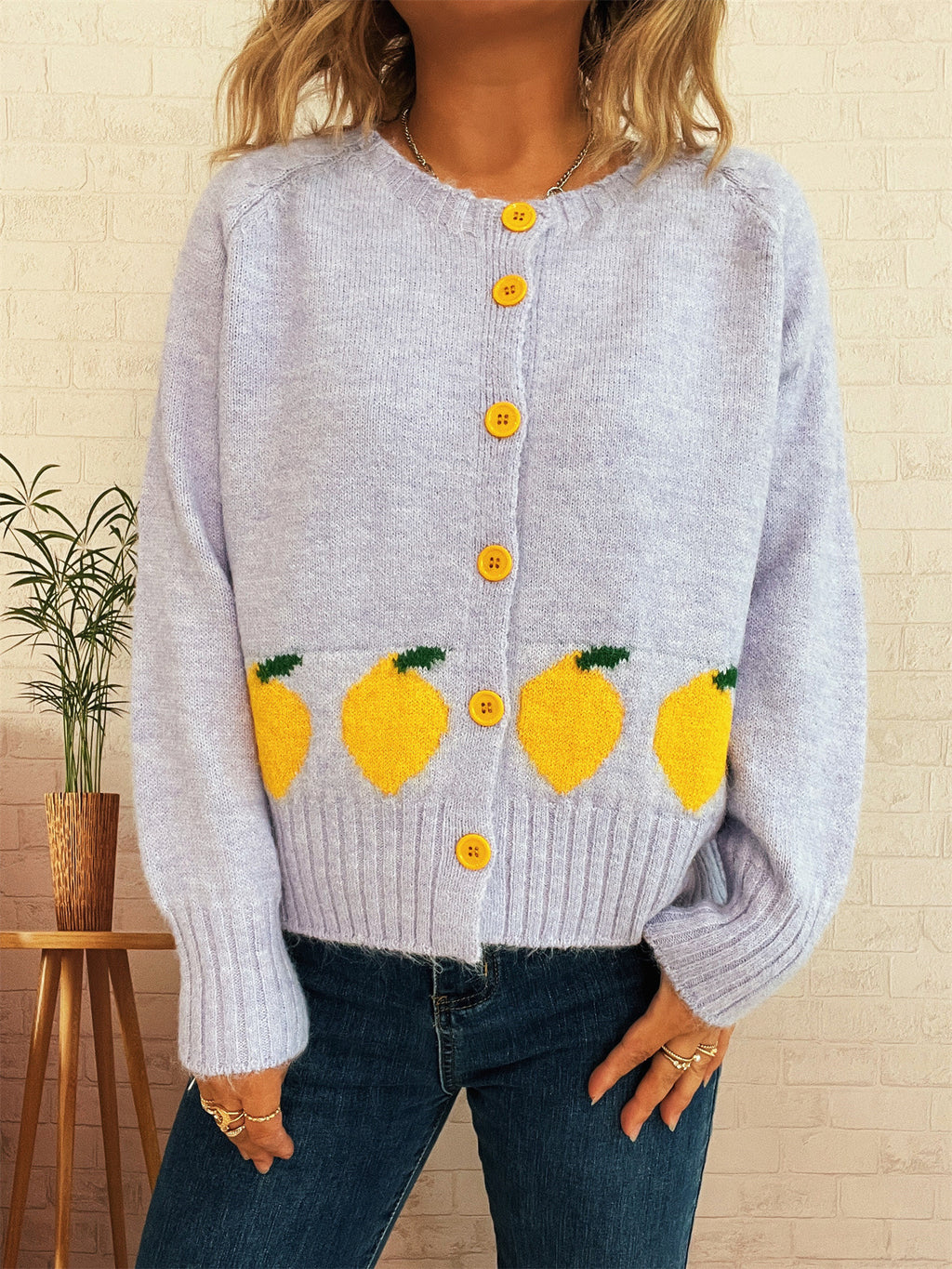 Lemon Motif Crew Neck Knit Cardigan - Lavender - 1