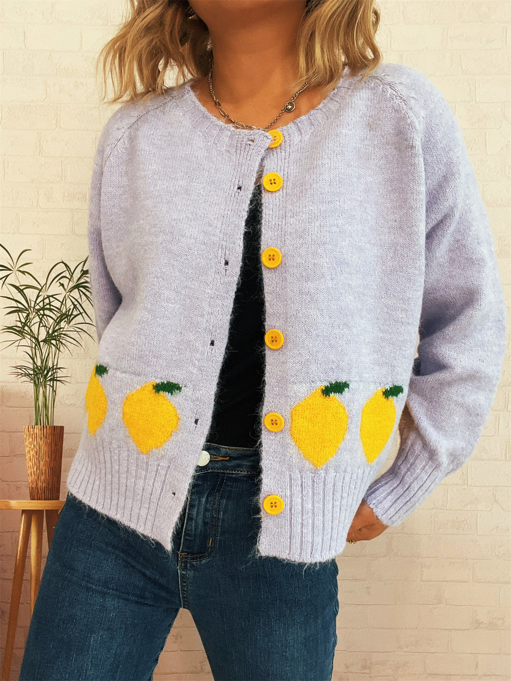 Lemon Motif Crew Neck Knit Cardigan - Lavender - 3