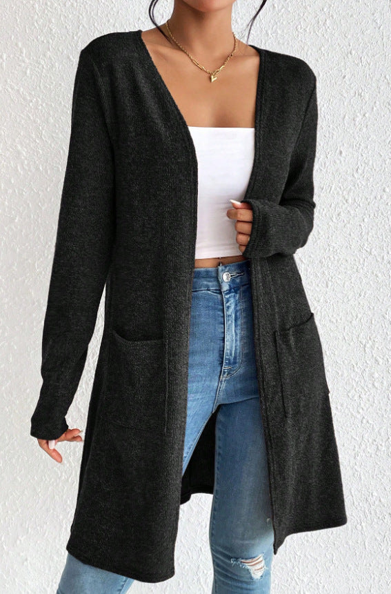 Longline Open Front Pocket Cardigan - Black