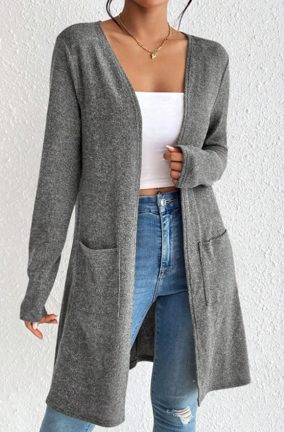 Longline Open Front Pocket Cardigan - Gray