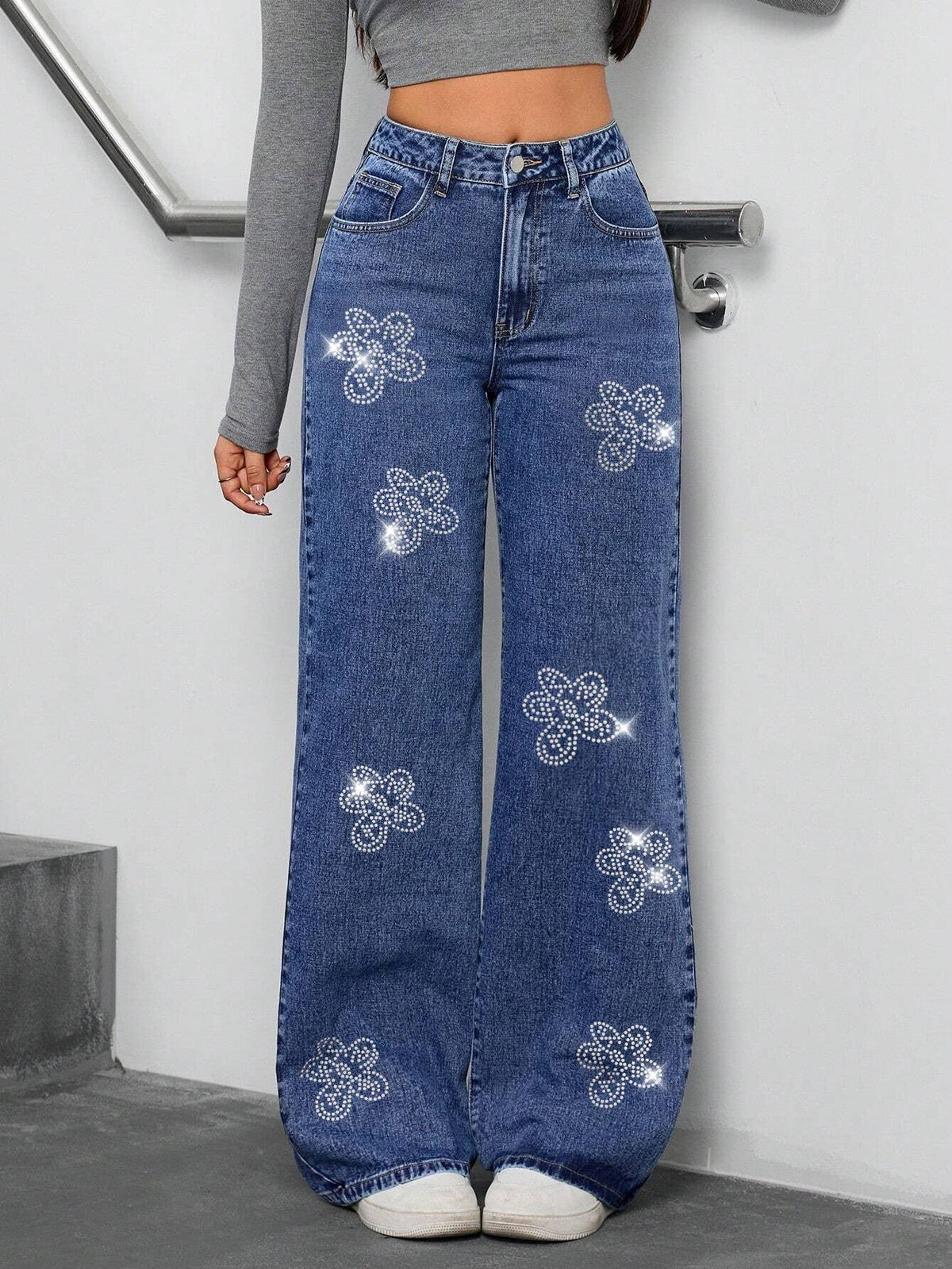 Rhinestone Floral Wide Leg Jeans
