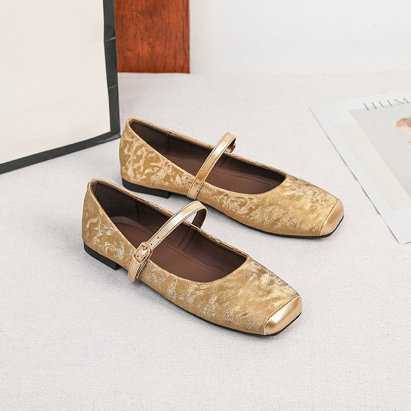 Crinkled Metallic Square Toe Mary Jane Flats