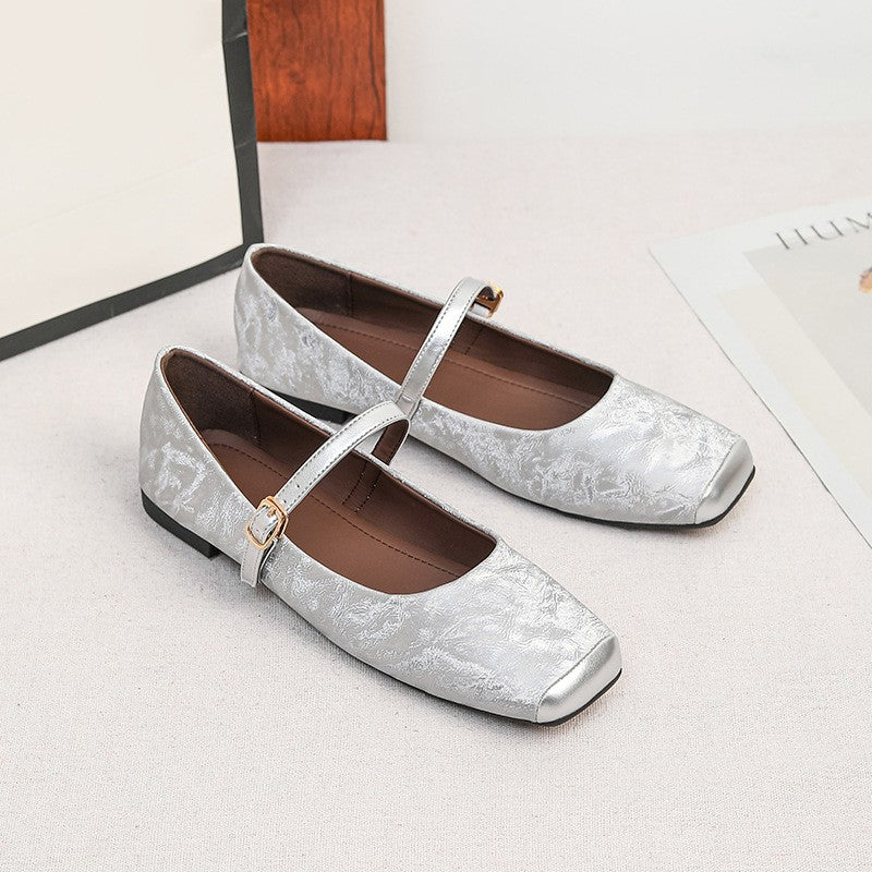 Crinkled Metallic Square Toe Mary Jane Flats