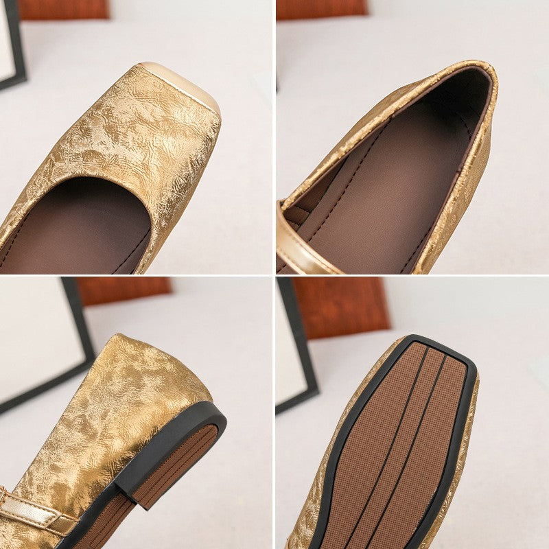 Crinkled Metallic Square Toe Mary Jane Flats