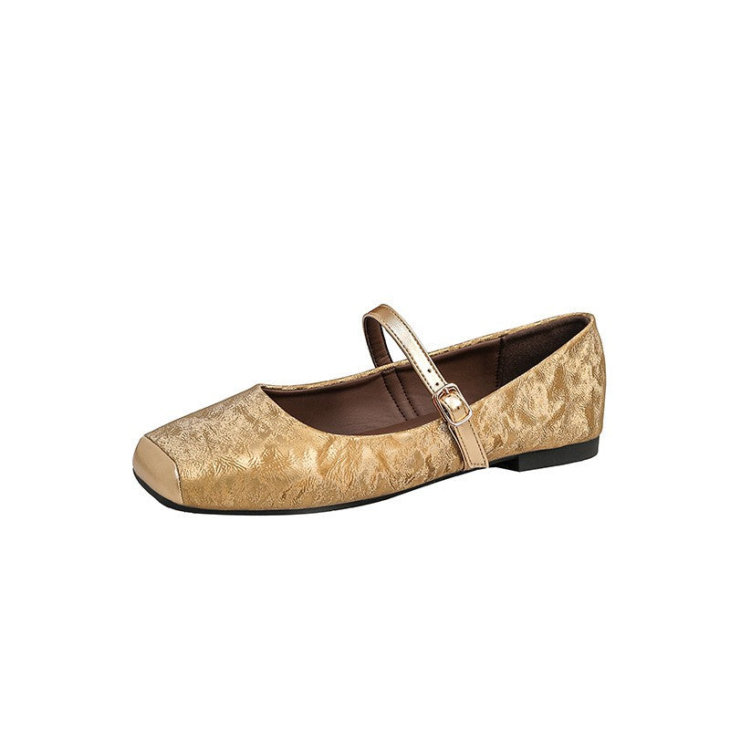 Crinkled Metallic Square Toe Mary Jane Flats