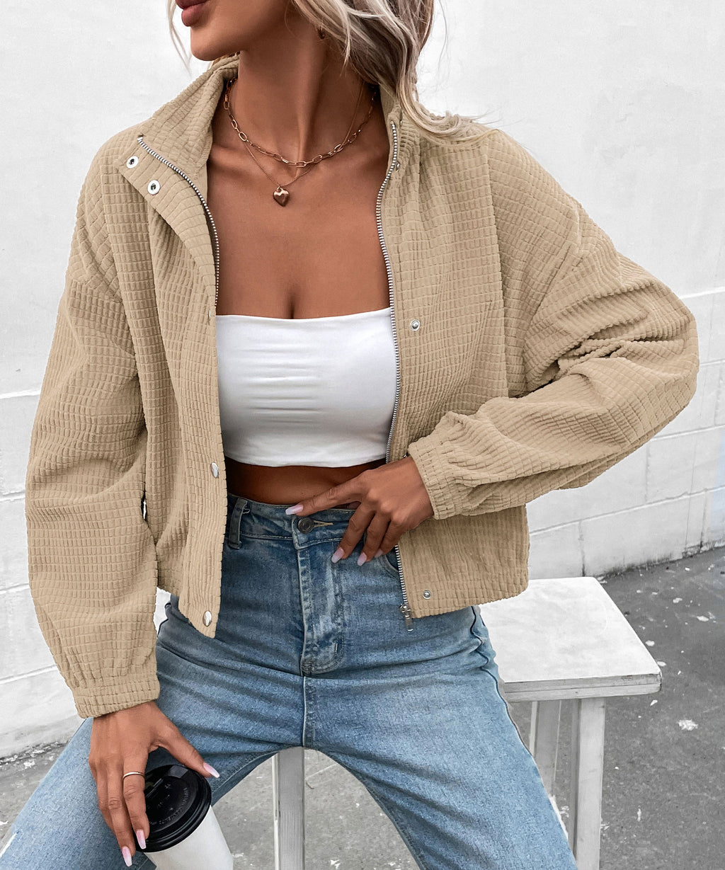 Cropped Corduroy Snap Front Stand Collar Jacket - Apricot