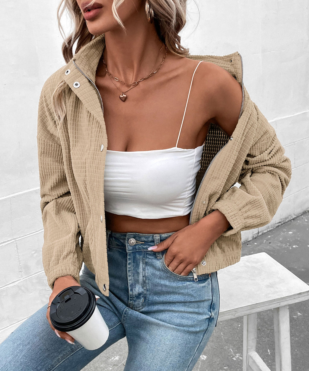 Cropped Corduroy Snap Front Stand Collar Jacket - Apricot - 1