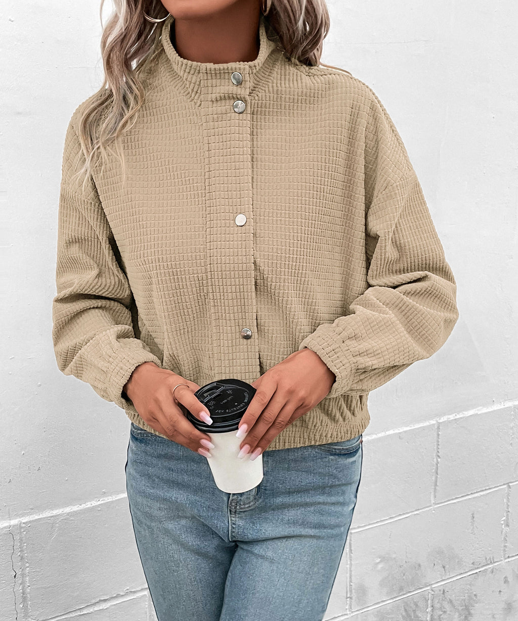 Cropped Corduroy Snap Front Stand Collar Jacket - Apricot - 2