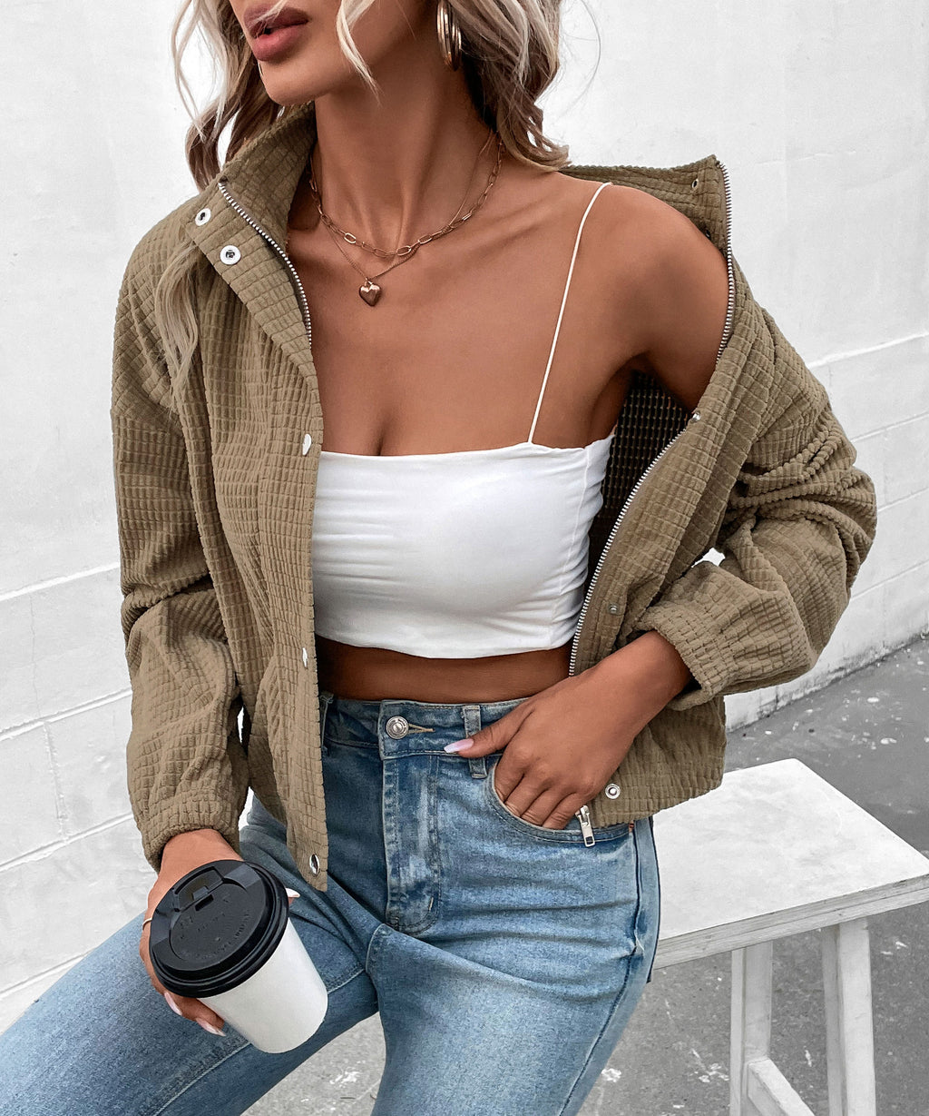 Cropped Corduroy Snap Front Stand Collar Jacket - Brown - 1