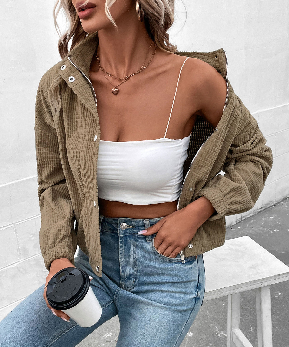 Cropped Corduroy Snap Front Stand Collar Jacket - Brown - 1