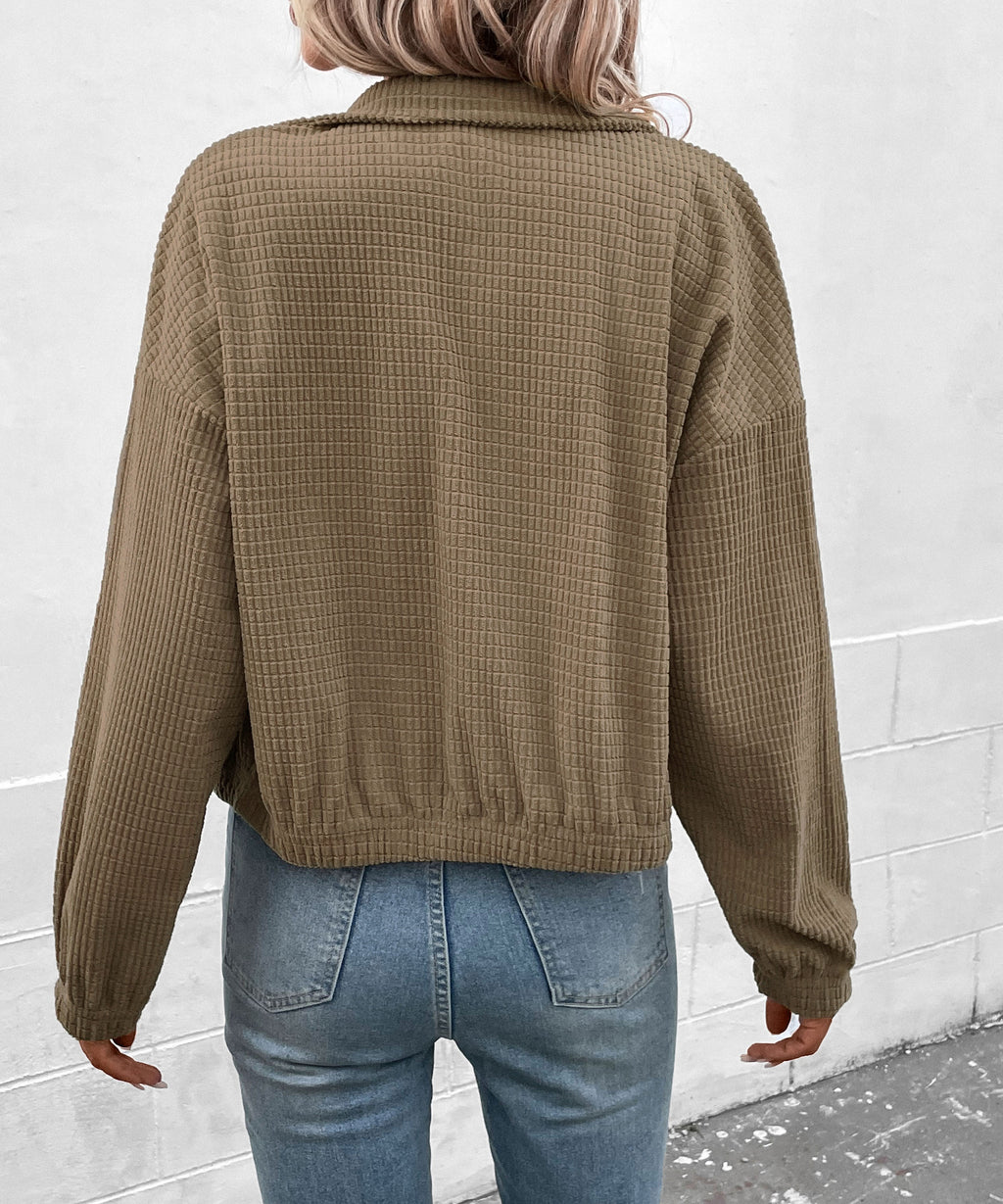 Cropped Corduroy Snap Front Stand Collar Jacket - Brown - 2