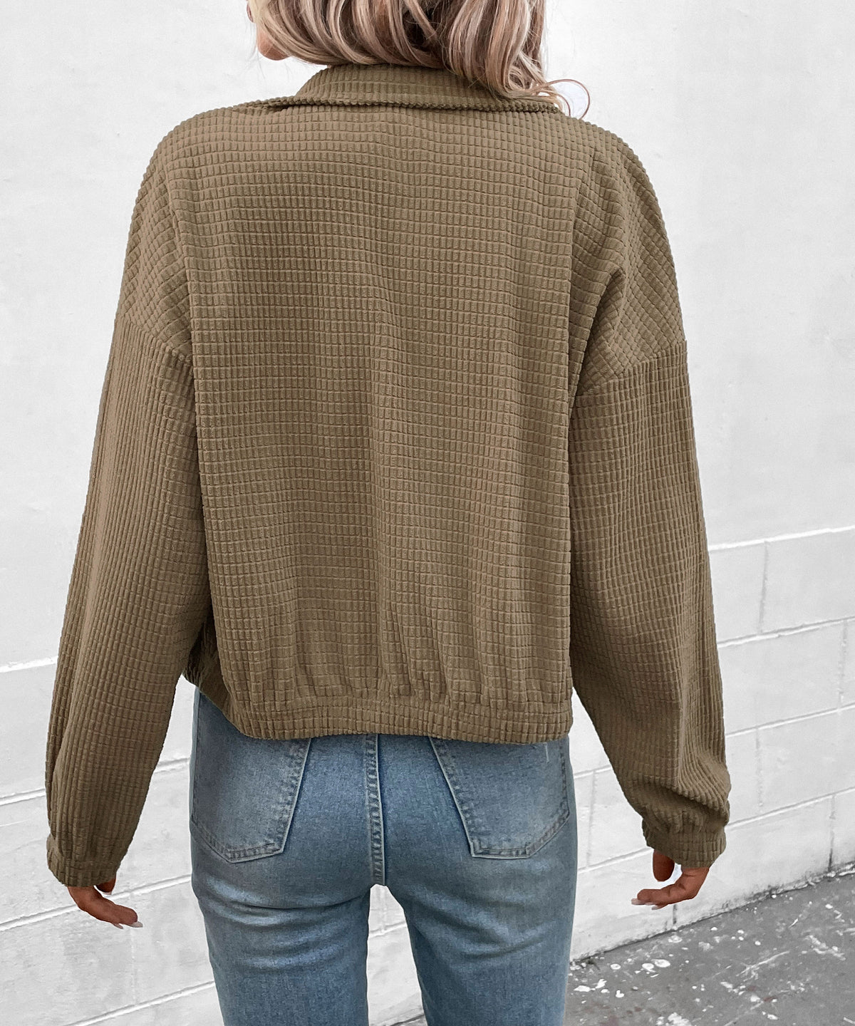 Cropped Corduroy Snap Front Stand Collar Jacket - Brown - 2