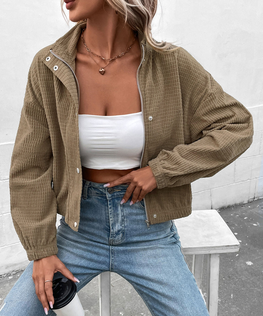 Cropped Corduroy Snap Front Stand Collar Jacket - Brown - 3