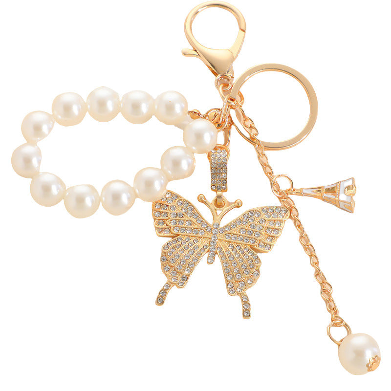 Butterfly Charm Beaded Wristlet Keychain - Gold