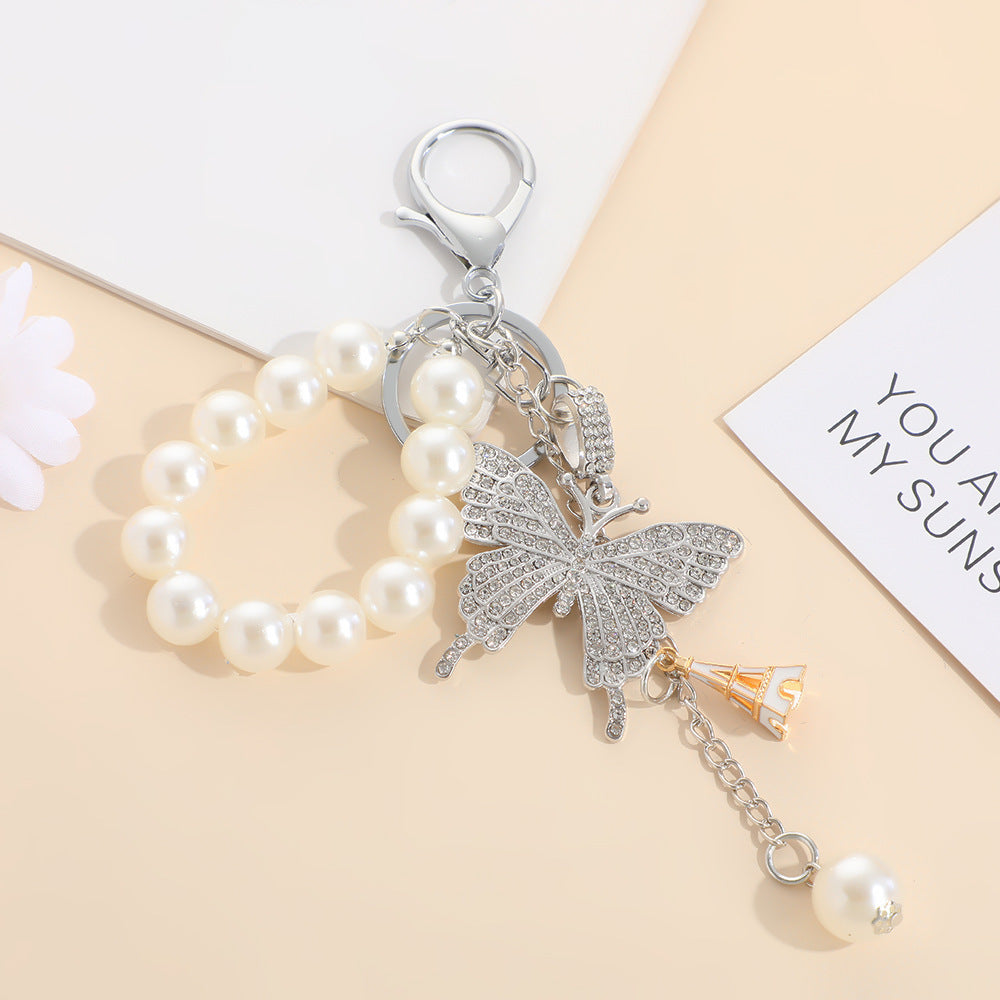Butterfly Charm Beaded Wristlet Keychain - Silver