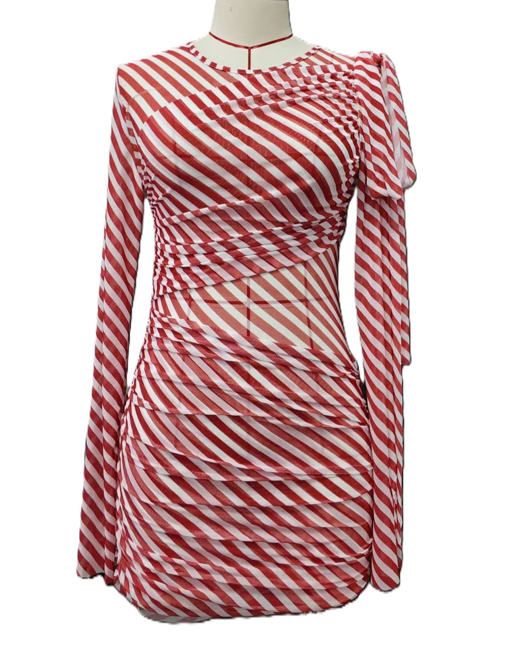 Striped Mesh Long Sleeve Beach Mini Dress - Red - 1