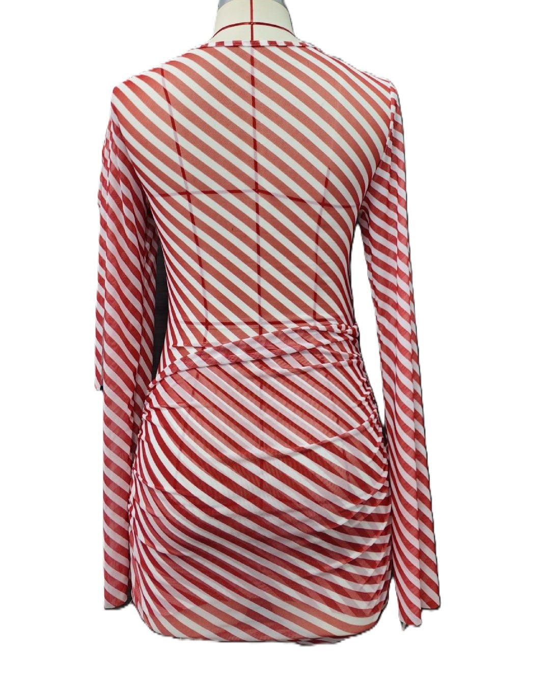 Striped Mesh Long Sleeve Beach Mini Dress - Red - 2