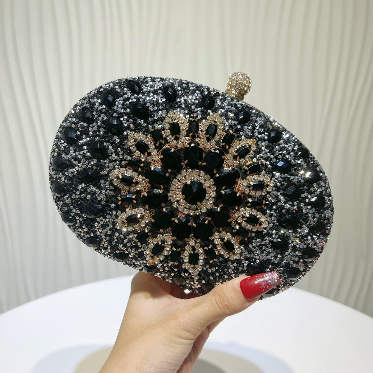 Jeweled Crystal Oval Evening Clutch - Black