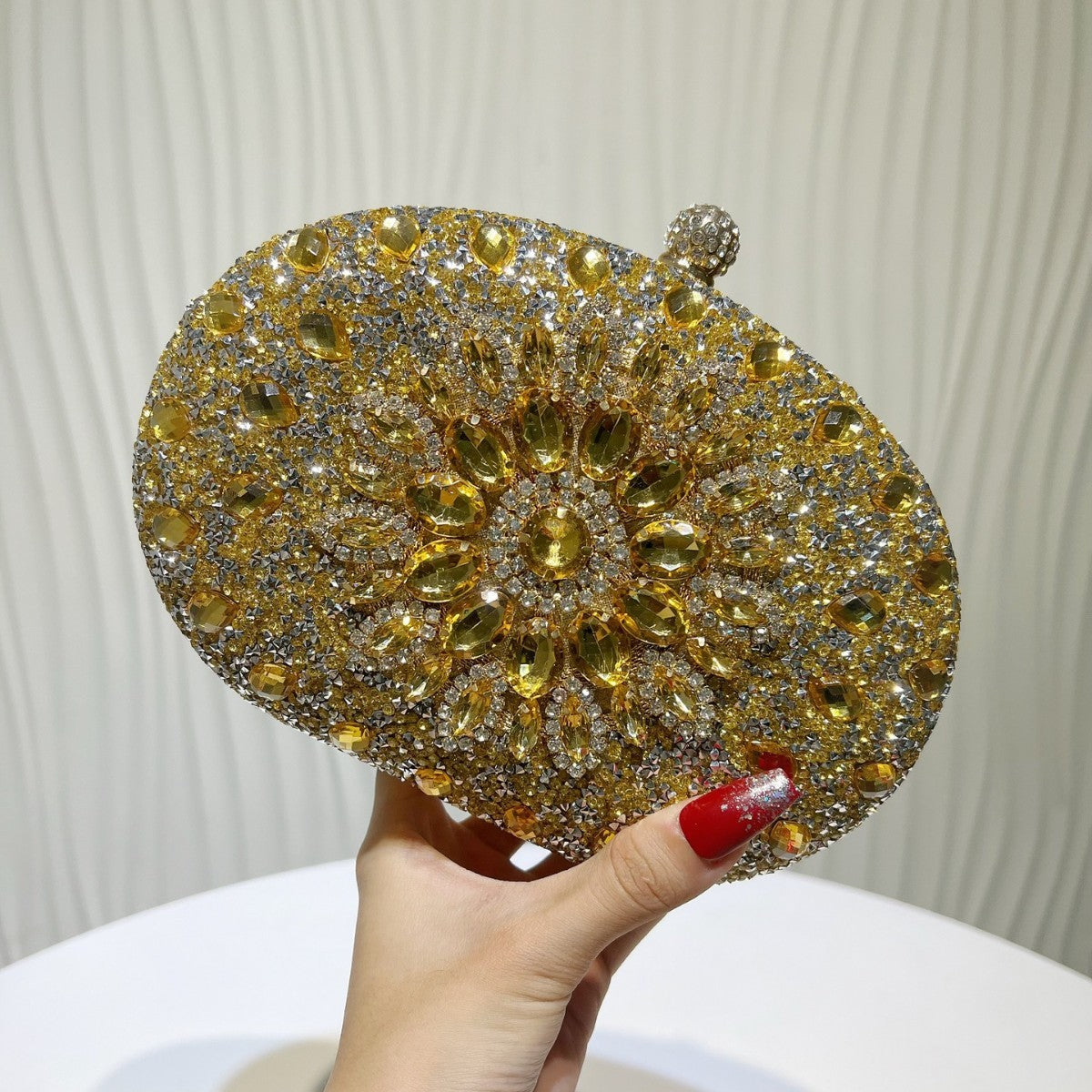 Jeweled Crystal Oval Evening Clutch - Gold