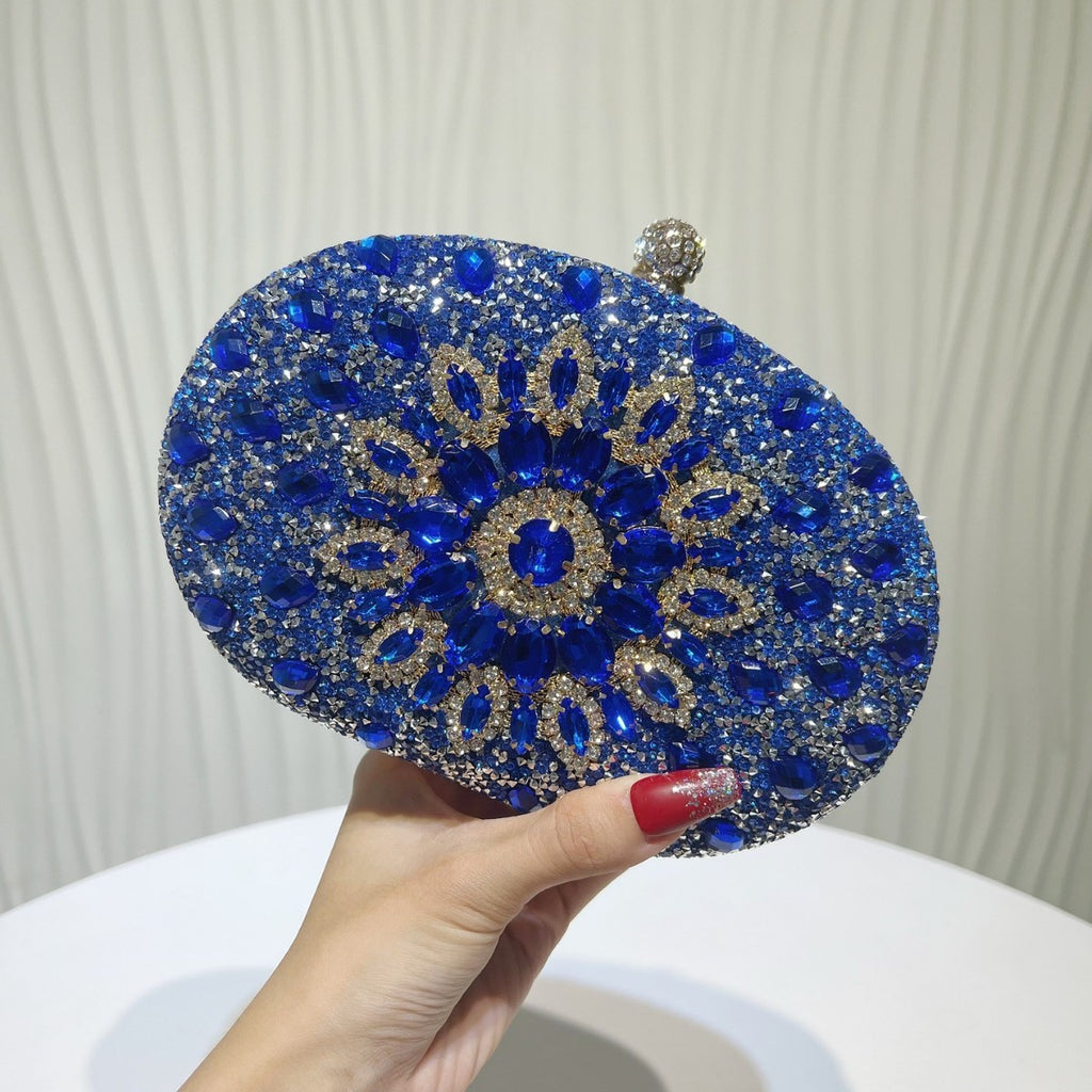 Jeweled Crystal Oval Evening Clutch - Sapphire