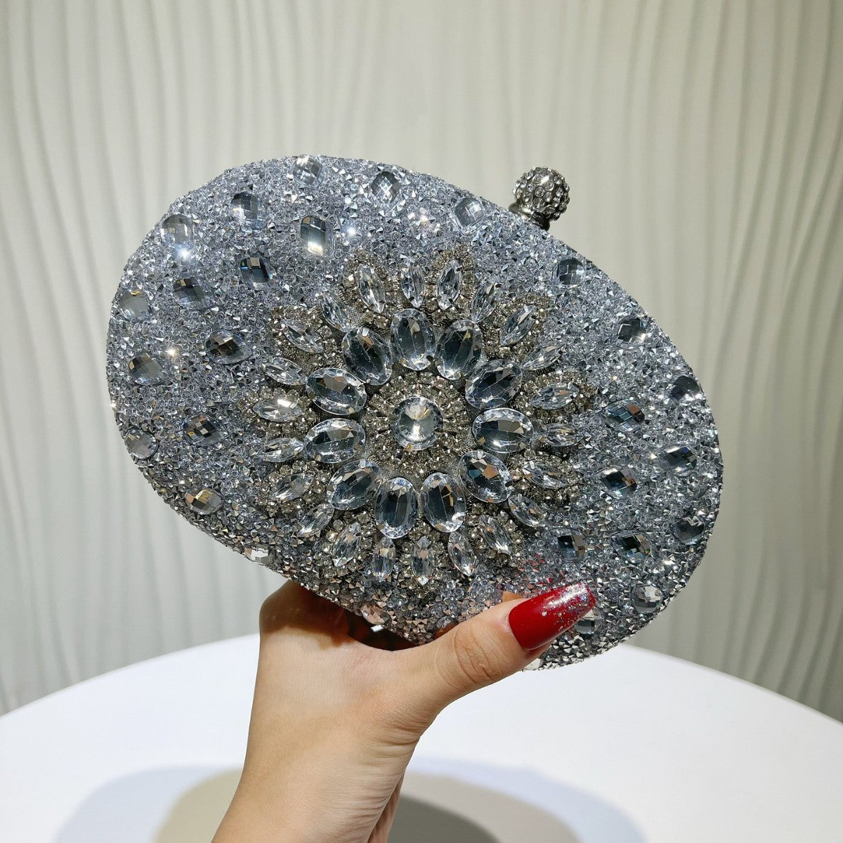 Jeweled Crystal Oval Evening Clutch - Silver