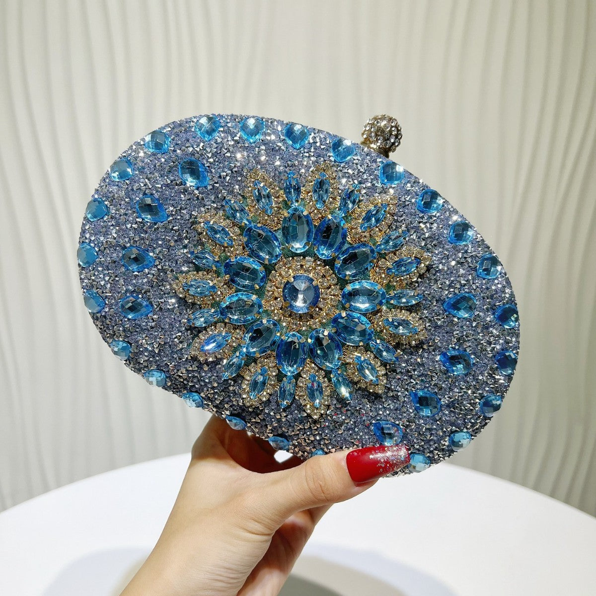 Jeweled Crystal Oval Evening Clutch - Sky Blue