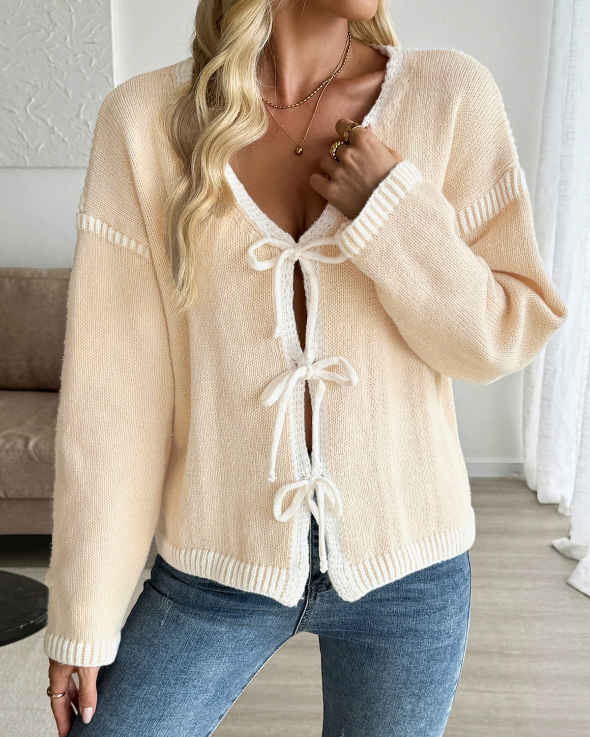 Bow Tie Front Contrast Stitch Knit Cardigan - Khaki