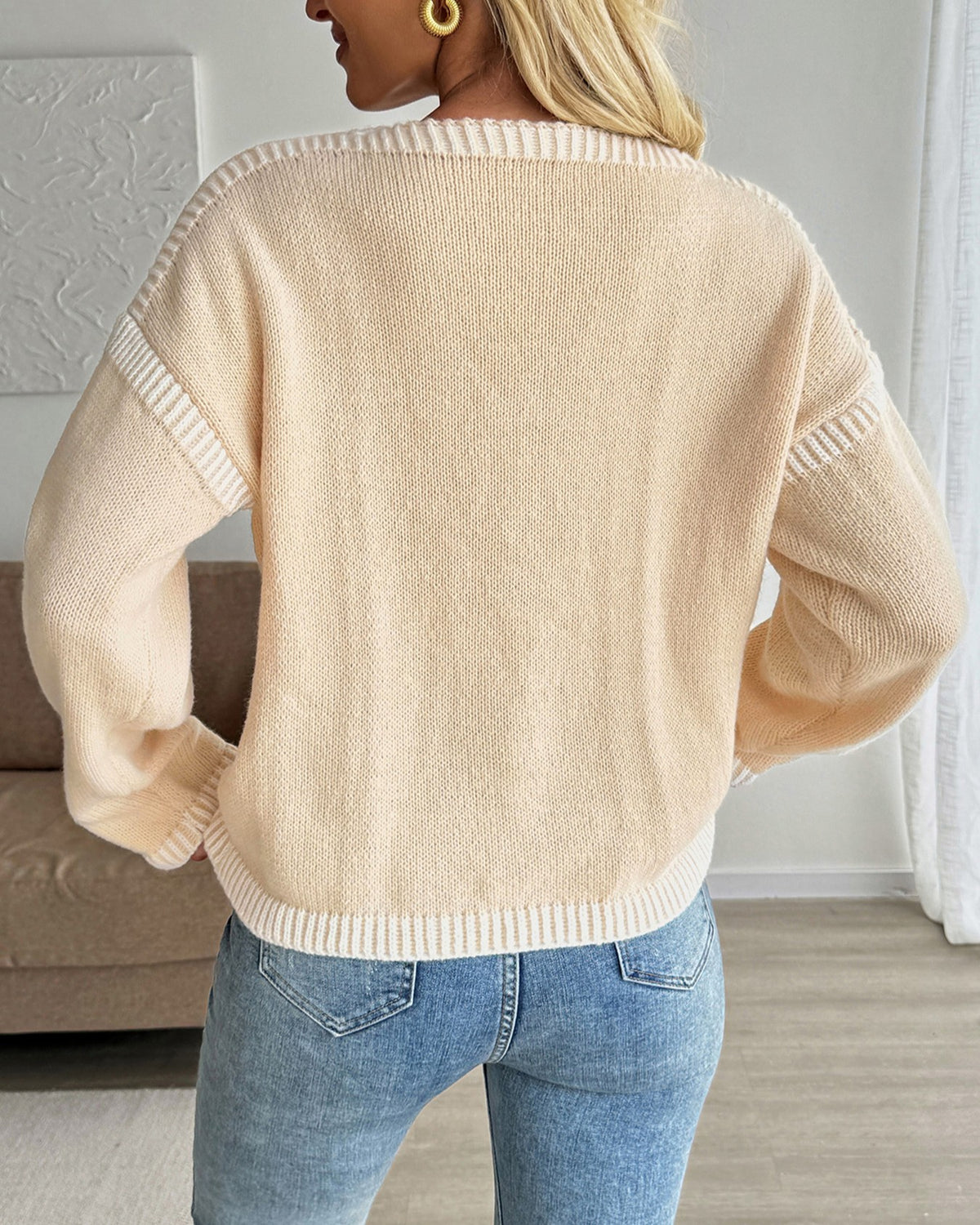 Bow Tie Front Contrast Stitch Knit Cardigan - Khaki - 3