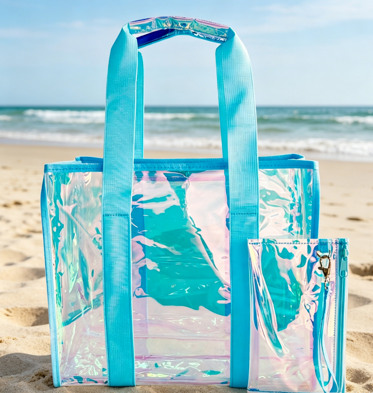 Iridescent Beach Tote With Zip Pouch - Blue - 2