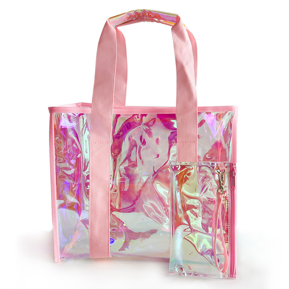 Iridescent Beach Tote With Zip Pouch - Pink - 1