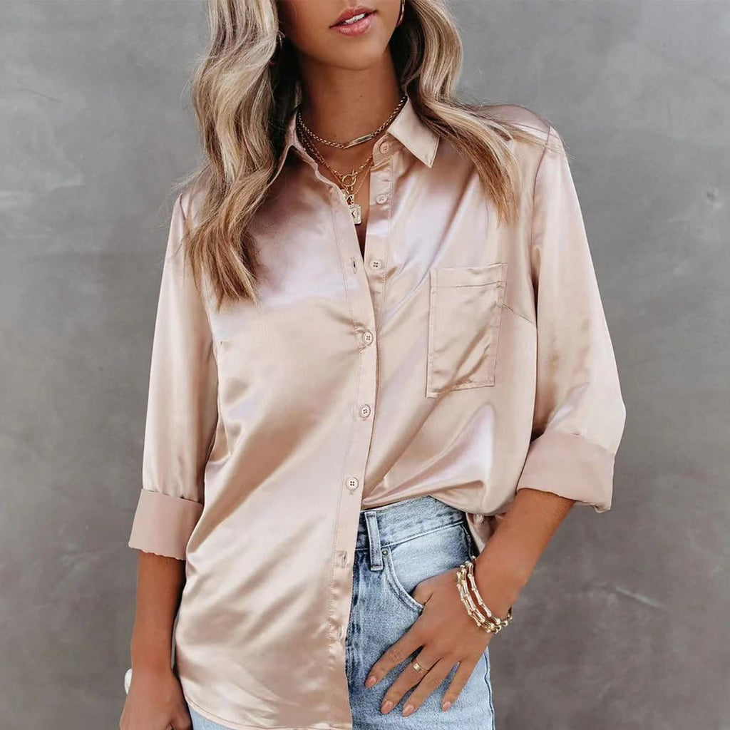 Silky Satin Button Front Pocket Shirt - Beige