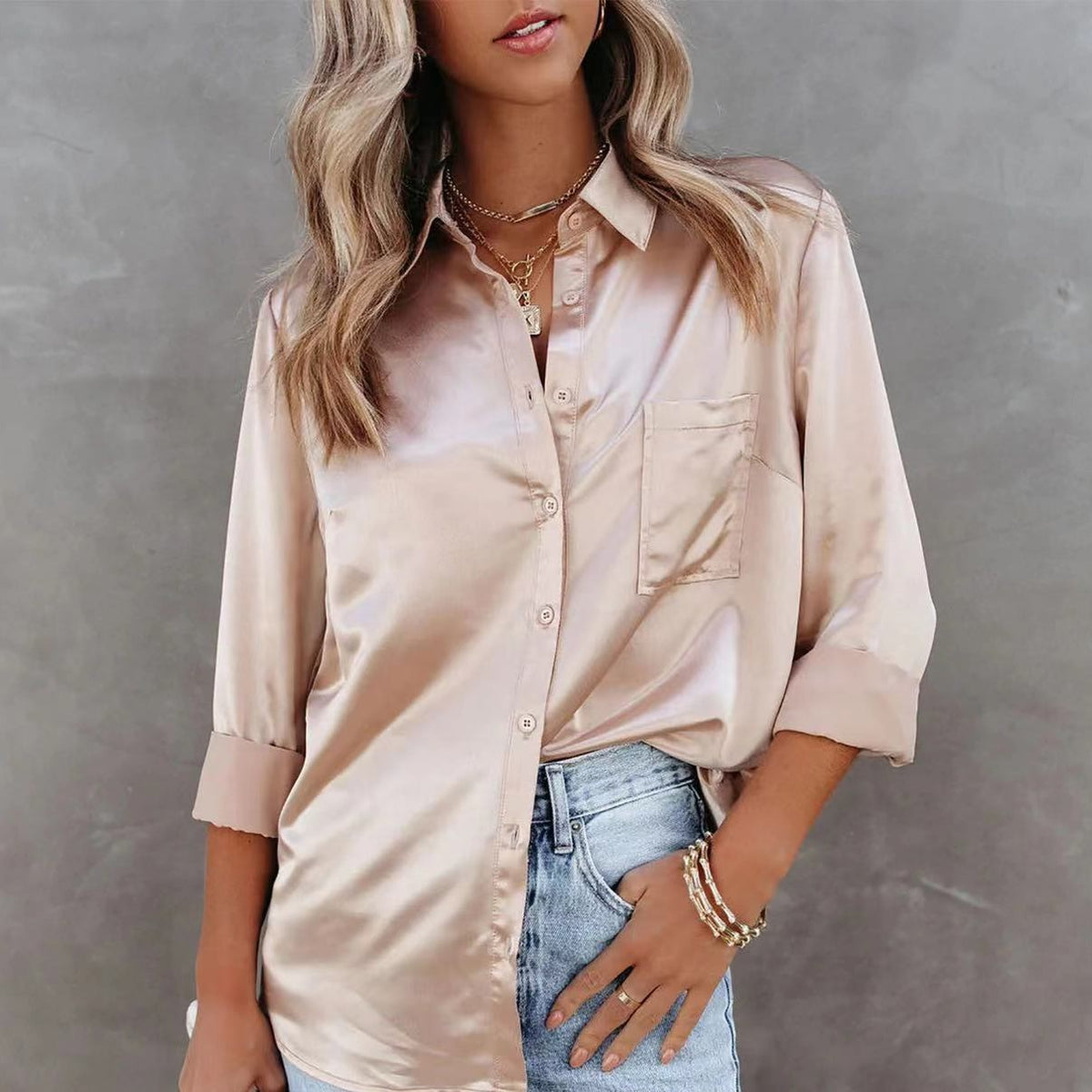 Silky Satin Button Front Pocket Shirt - Beige