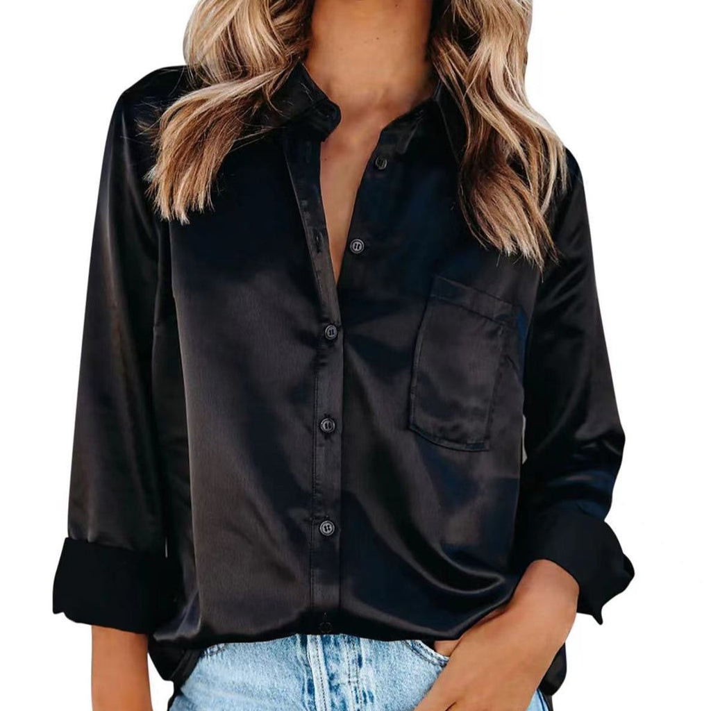Silky Satin Button Front Pocket Shirt - Black